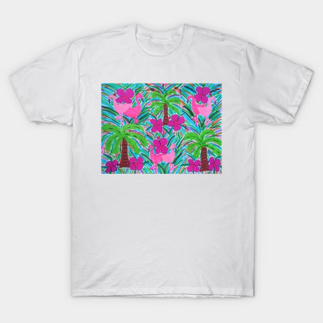 Beach Party Flamingos and Palm Trees Print T-Shirt by DanielleGensler